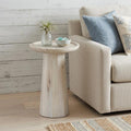 19 Inch Washed Natural and White Distressed Solid Wood Round Pedestal End Table