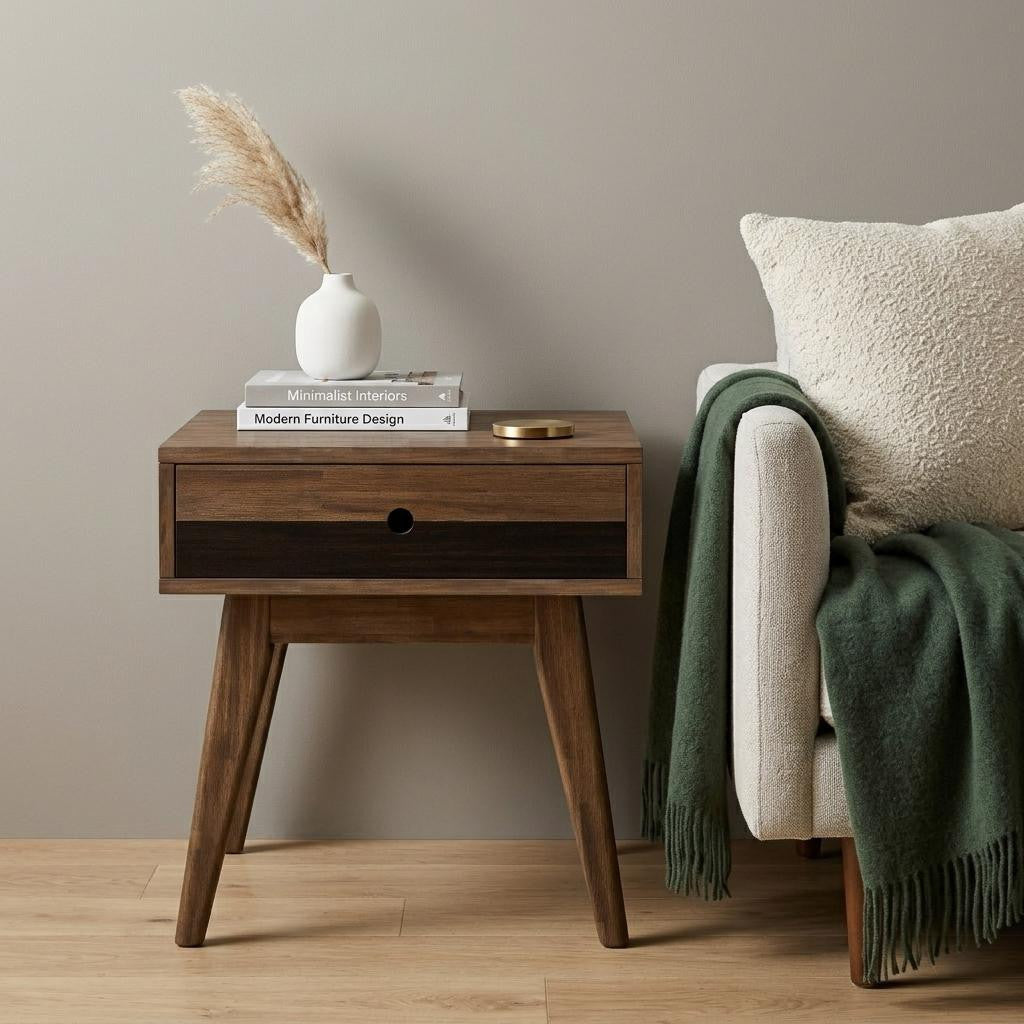 22 Inch Varnished Brown Solid Wood End Table With Drawer