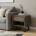 22 Inch Gray Black and Varnished Distressed Solid Wood and Iron Square Sled End Table With Drawer And Shelf