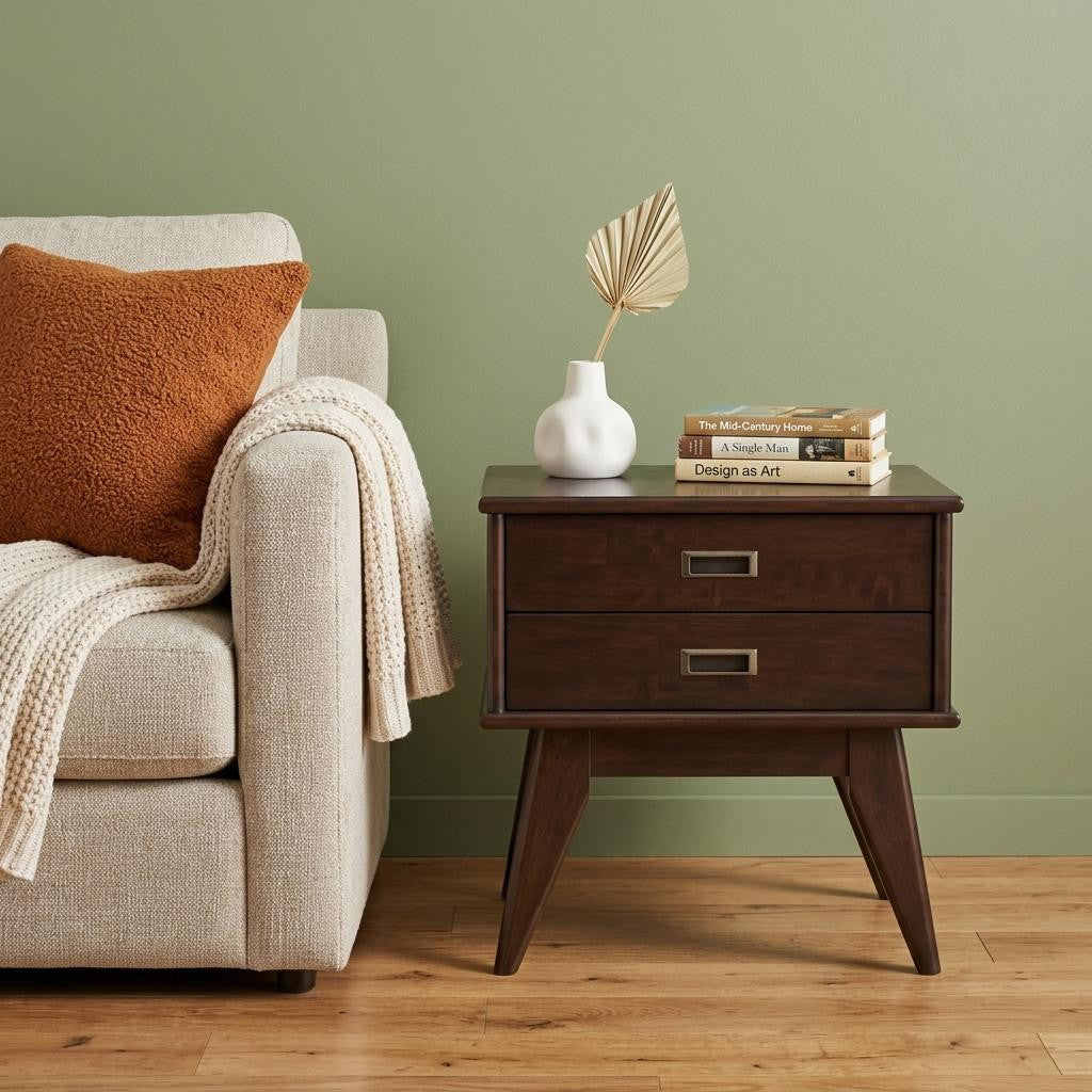 22 Inch Dark Brown and Matte Solid Wood End Table With Two Drawers