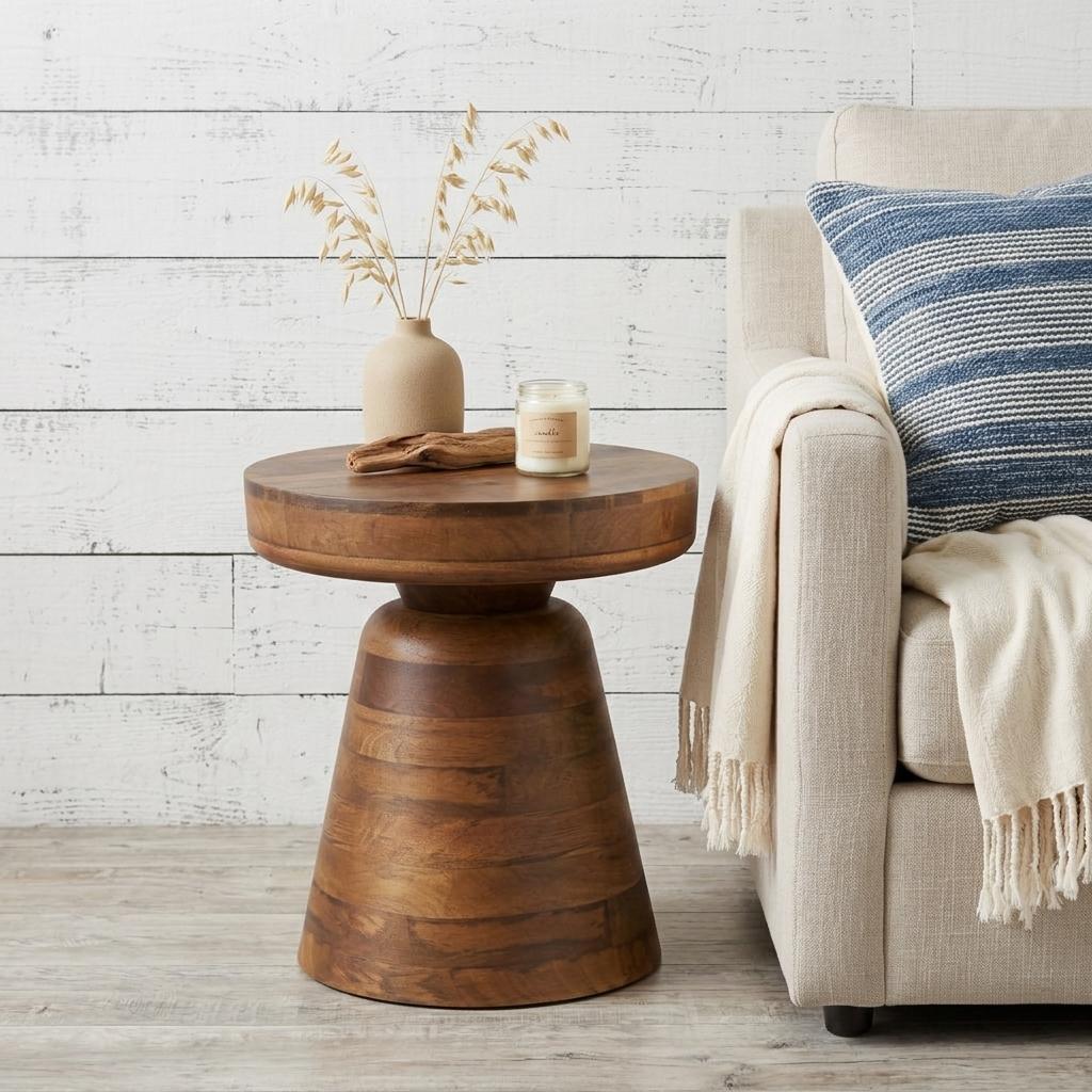 18 Inch Distressed Walnut Distressed Solid Wood Round Pedestal End Table