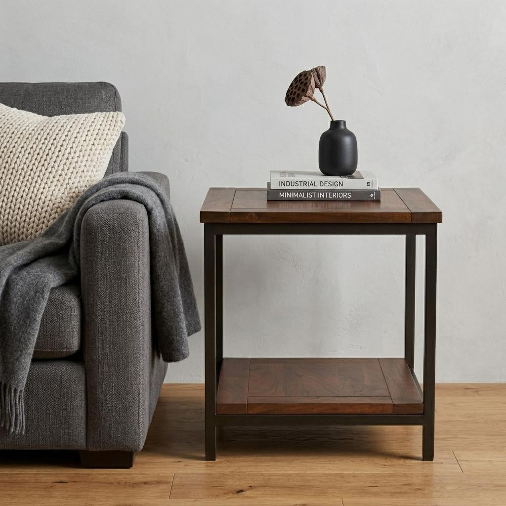 22 Inch Dark Brown and Black Solid Wood and Steel Square End Table With Shelf