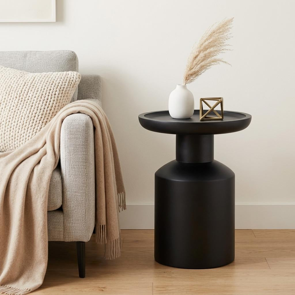 18 Inch Black Solid Wood Round Pedestal End Table