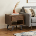 22 Inch Brown Black and Matte Solid Wood and Iron Square Sled End Table With Drawer And Shelf