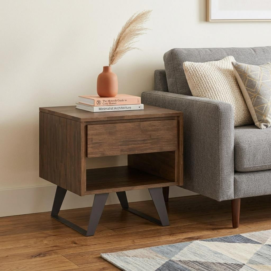 22 Inch Brown Black and Matte Solid Wood and Iron Square Sled End Table With Drawer And Shelf