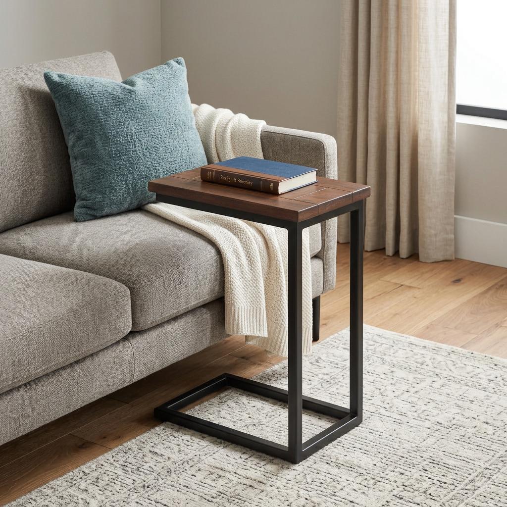 24 Inch Dark Brown and Black Solid Wood and Iron End Table