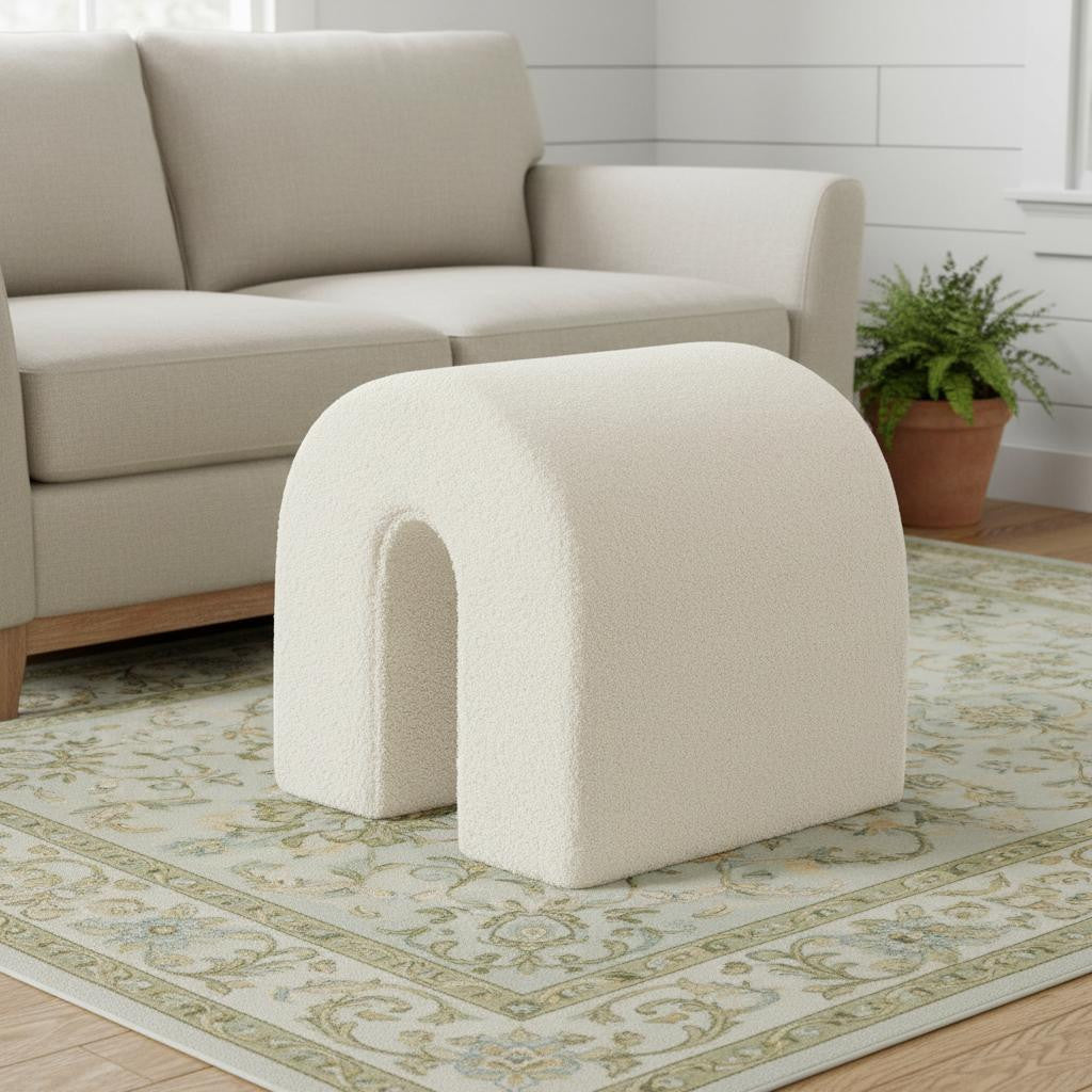 17 White Boucle Oval Footstool Ottoman
