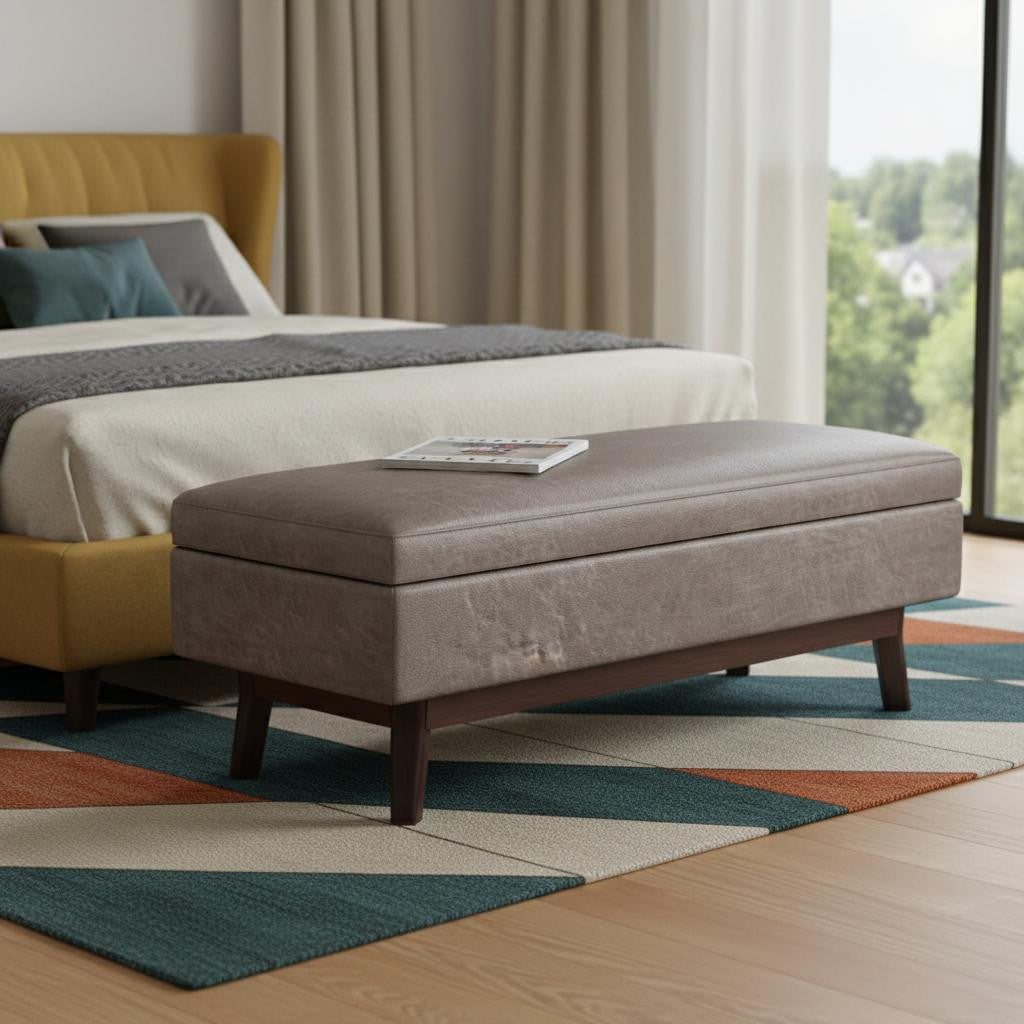 48 Inch Taupe And Brown Faux Leather Ottoman With Storage