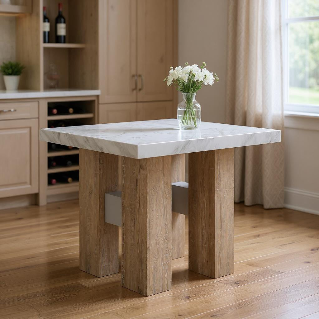 48 White and Natural Wood And Faux Marble Square Counter Height Bar Table