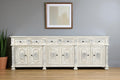 118 White Distressed Solid Wood Carved Floral Six Drawer Sideboard with Six Doors
