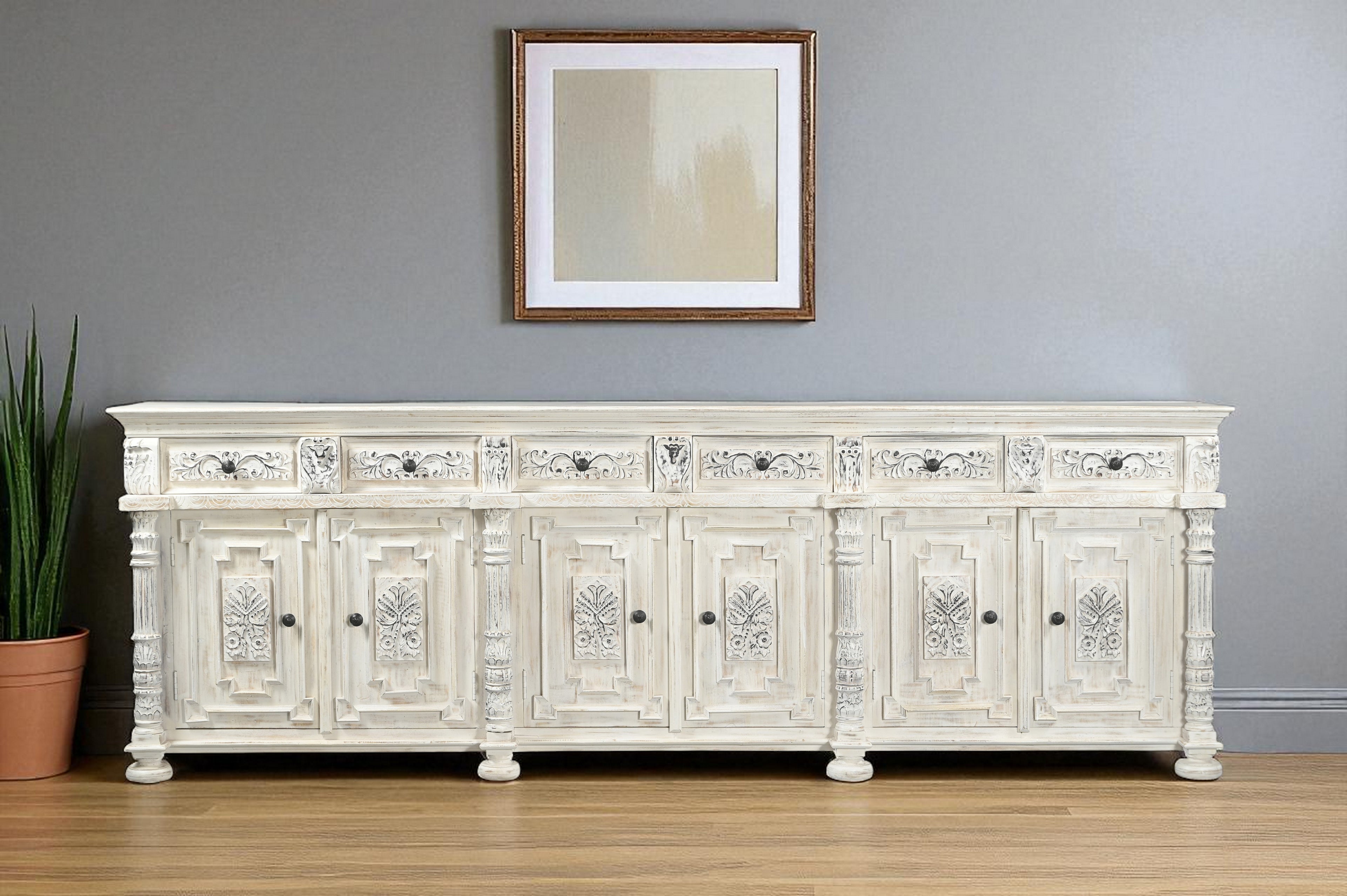 118 White Distressed Solid Wood Carved Floral Six Drawer Sideboard with Six Doors
