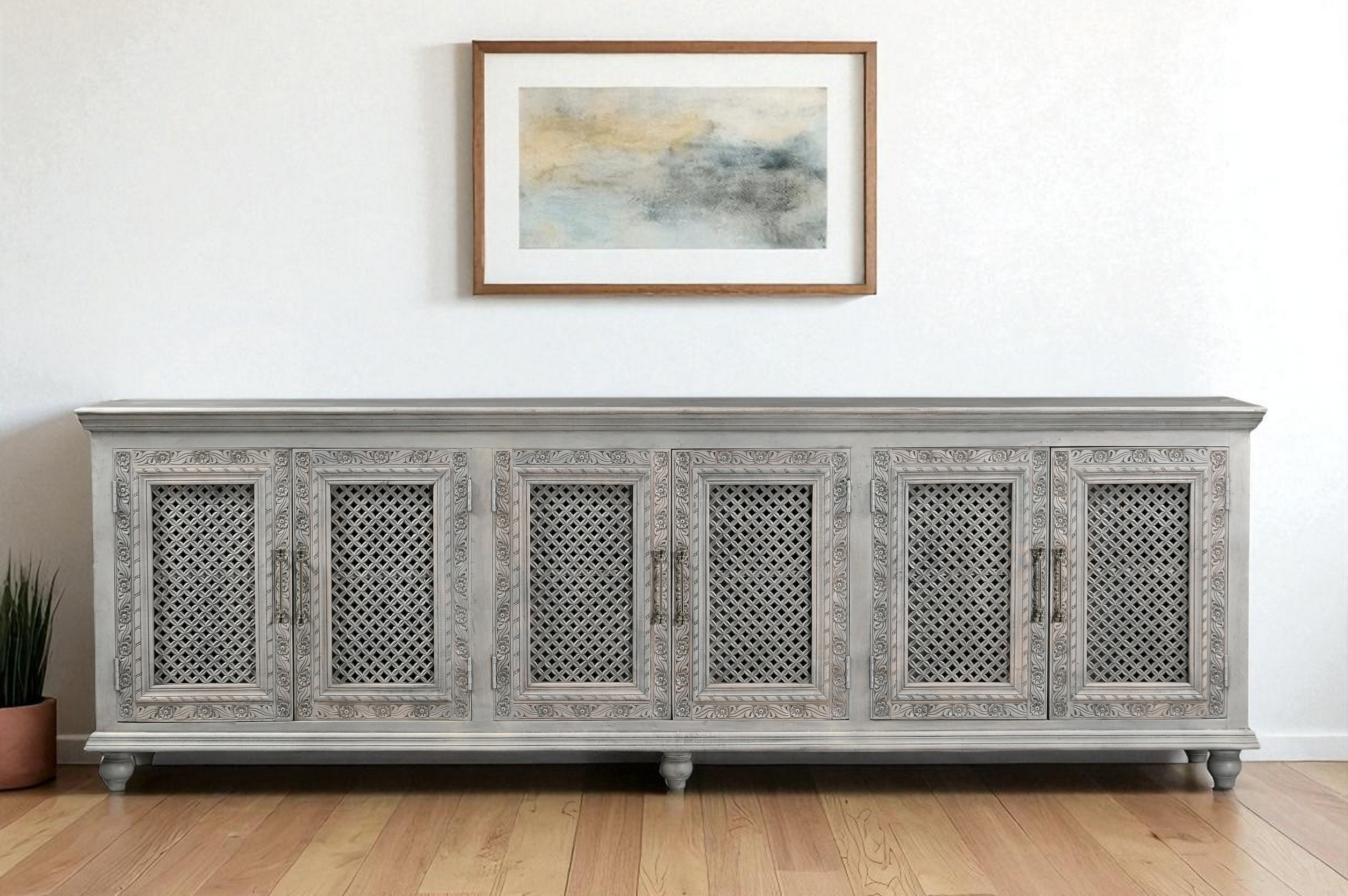 111 Gray Distressed Solid Wood Carved Floral Sideboard with Six Doors