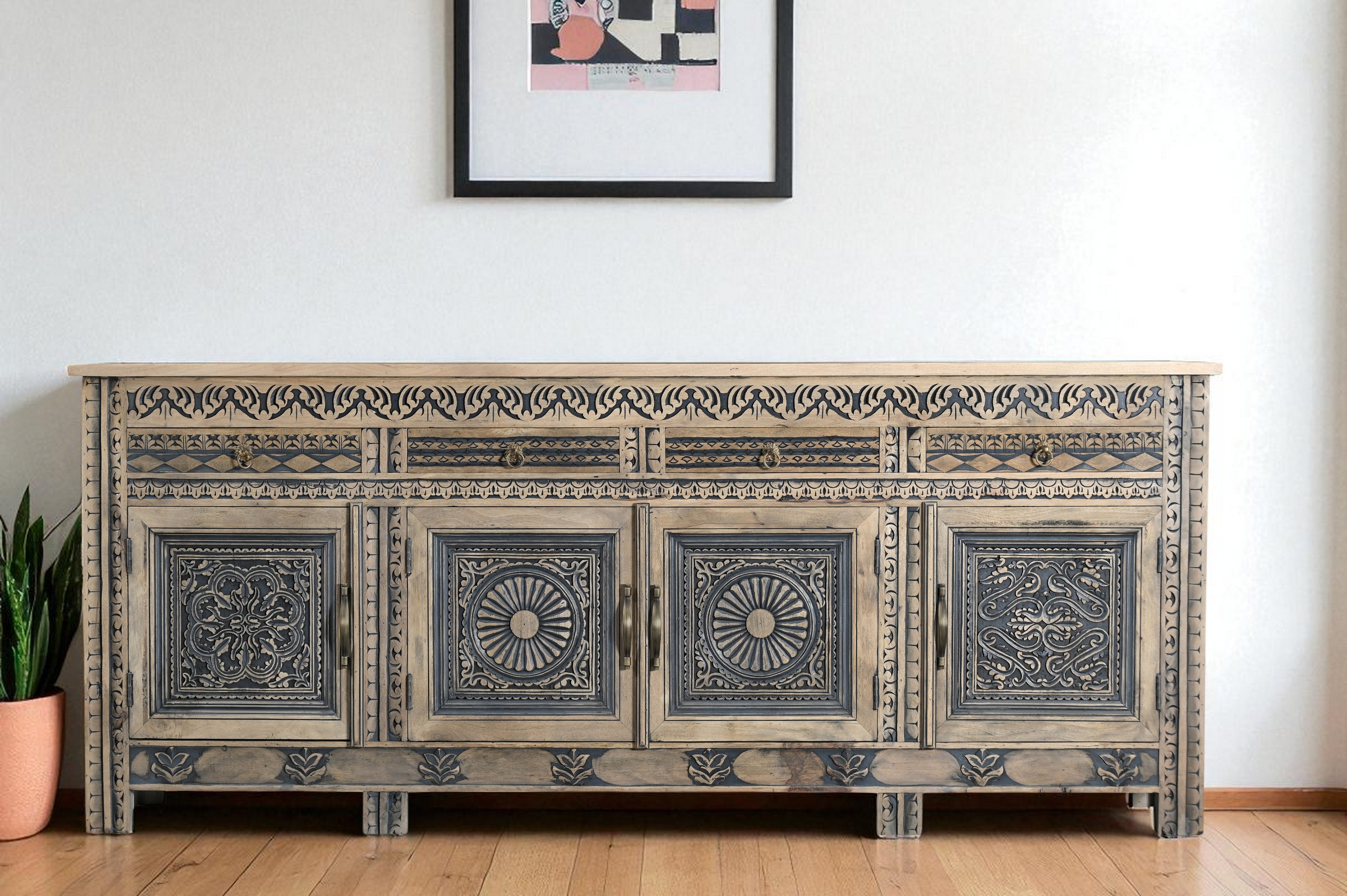 102 Natural And Black Distressed Solid Wood Carved Geometric Four Drawer Sideboard