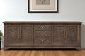 106 Brown Distressed Solid Wood Carved Floral Three Drawer Sideboard with Four Doors