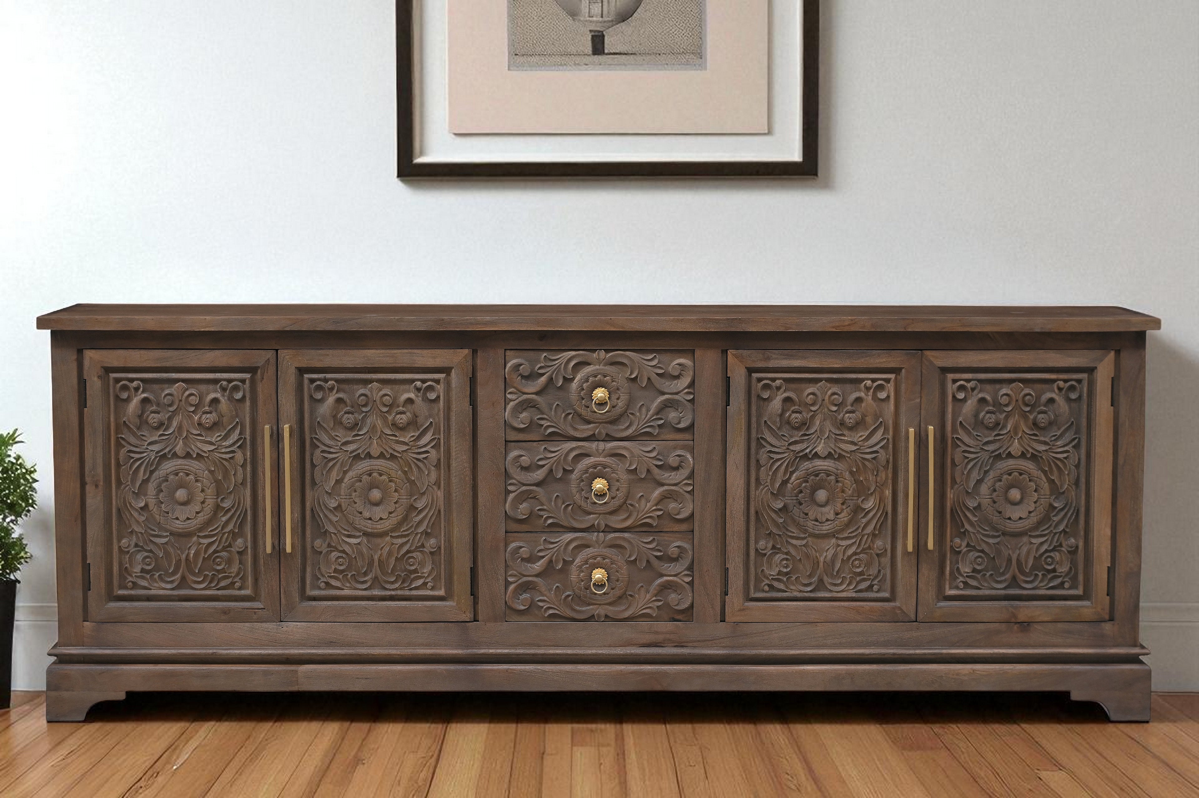 106 Brown Distressed Solid Wood Carved Floral Three Drawer Sideboard with Four Doors