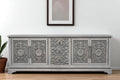 106 Gray Distressed Solid Wood Carved Floral Three Drawer Sideboard with Four Doors