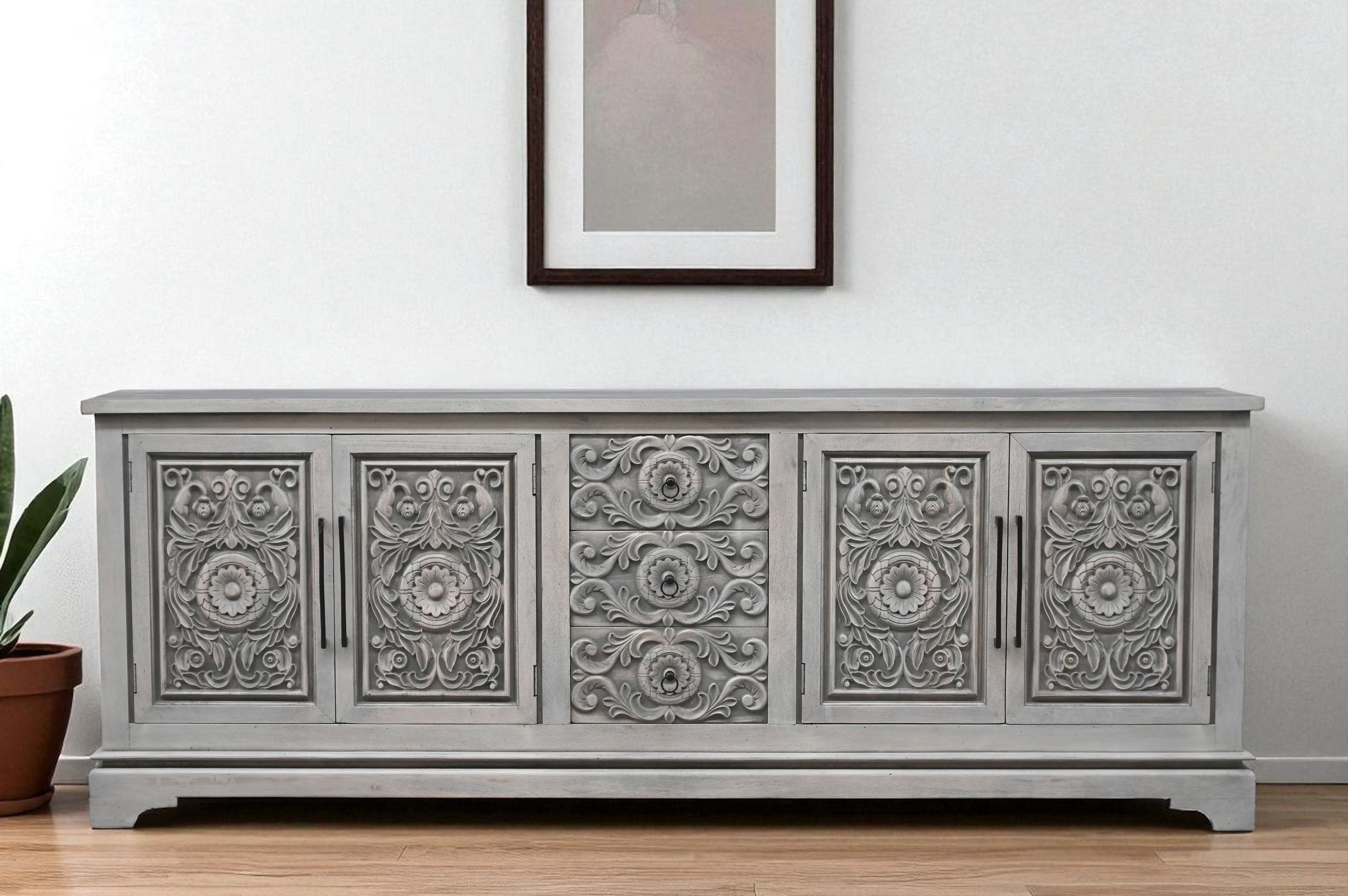 106 Gray Distressed Solid Wood Carved Floral Three Drawer Sideboard with Four Doors