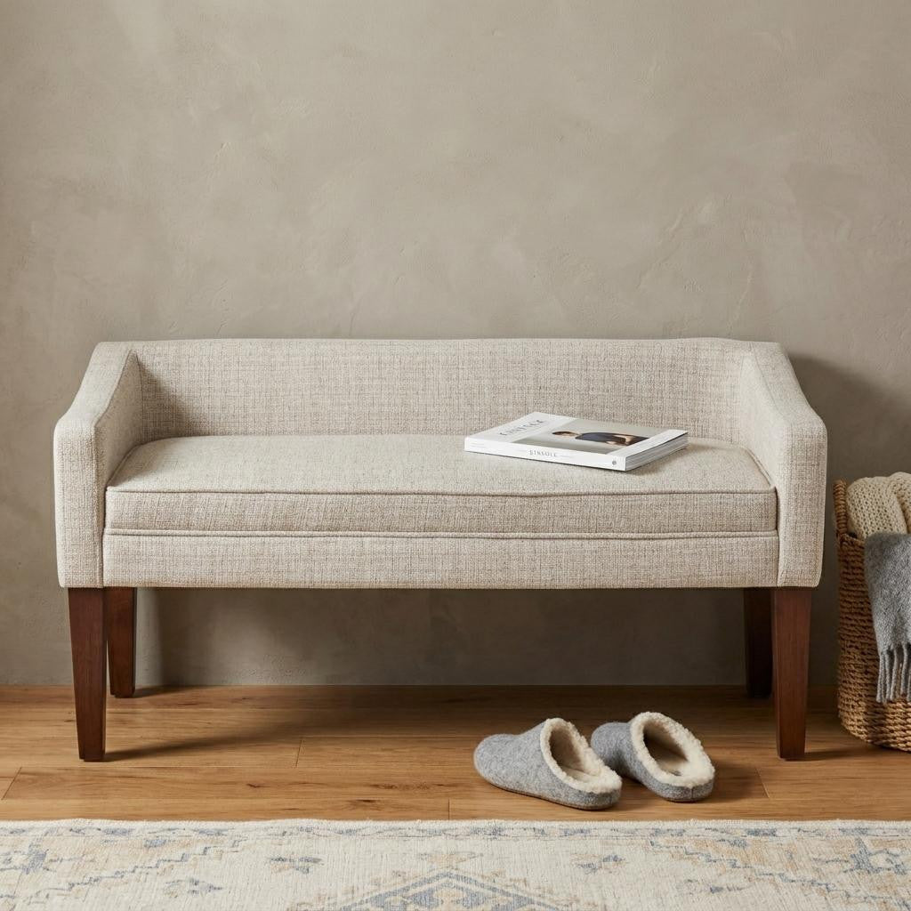 50 Inch Beige and Brown Fabric and Wood Upholstered Bench