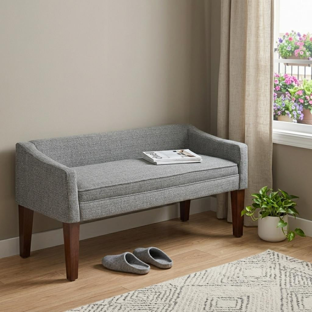 50 Inch Gray and Brown Fabric and Wood Upholstered Bench