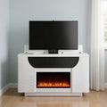 76 White Ribbed Wood Electric Storage Cabinet TV Fireplace With LED And Speaker