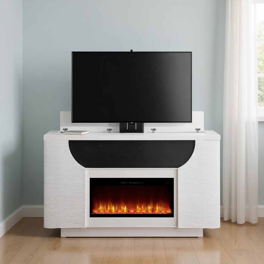 76 White Ribbed Wood Electric Storage Cabinet TV Fireplace With LED And Speaker