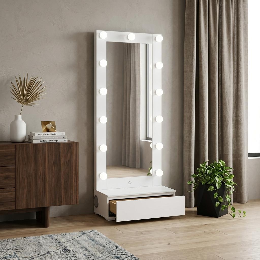 74 White Wood Lighted Freestanding Framed Full Length Mirror