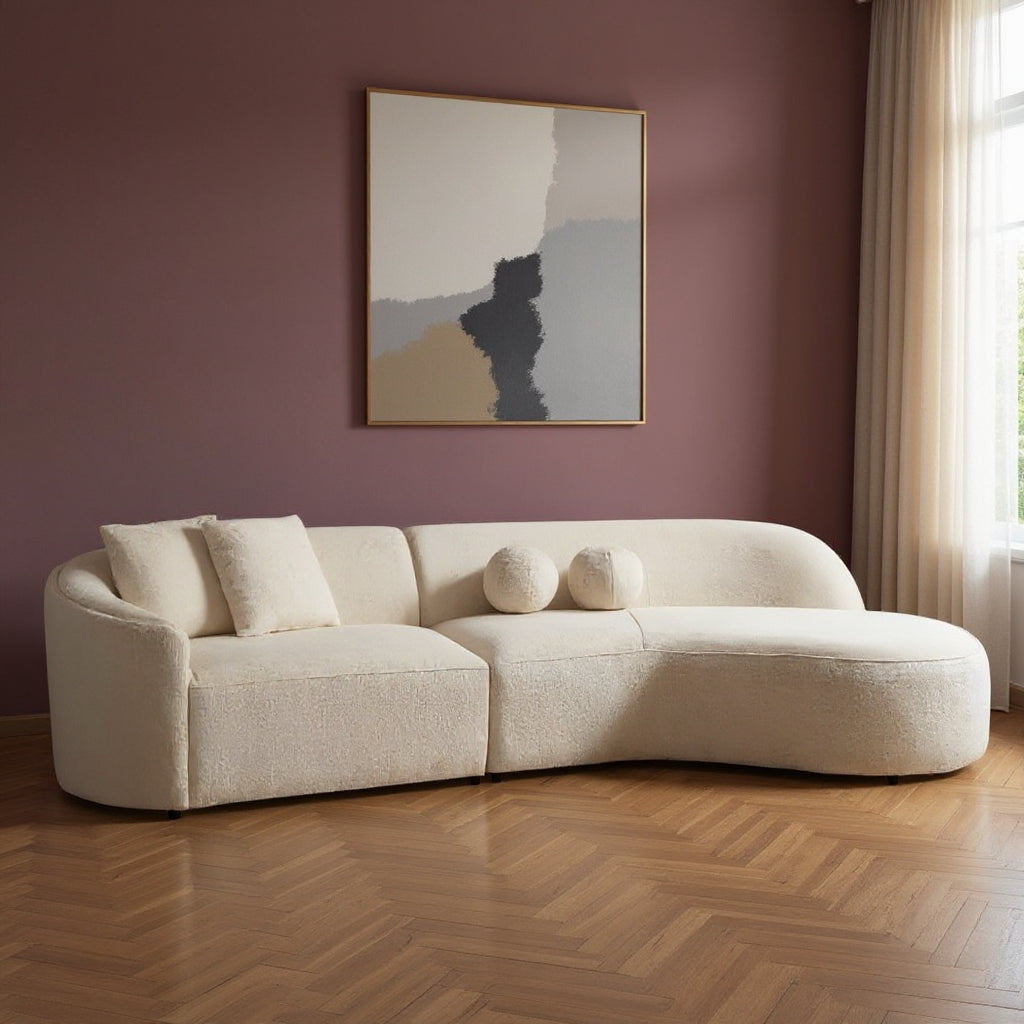 Ivory Boucle Modular Curved Two Piece Sofa and Chaise Sectional With Toss Pillows