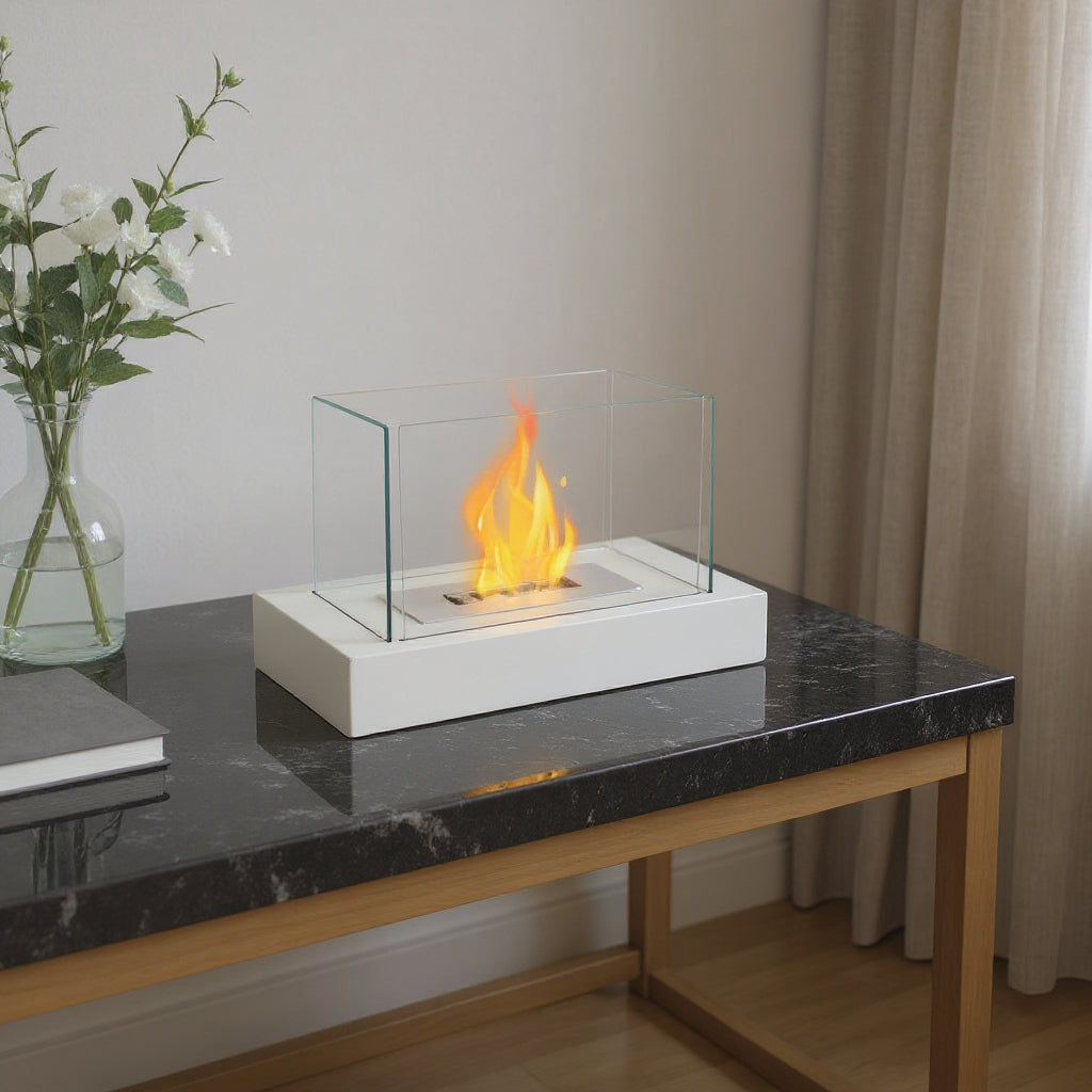 14 White And Clear Metal And Glass BioEthanol Portable Tabletop Firepit