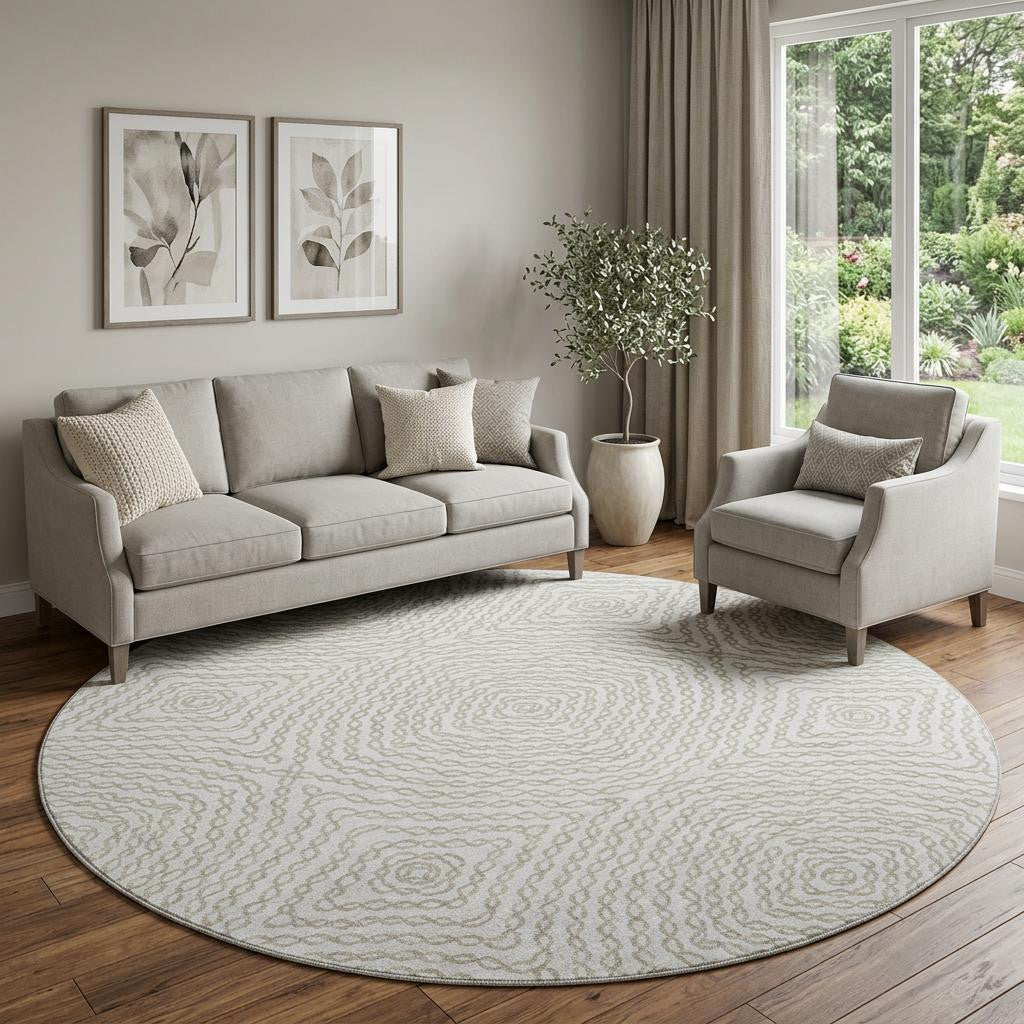 8 Linen And Ivory Geometric Washable Round Rug With UV Protection