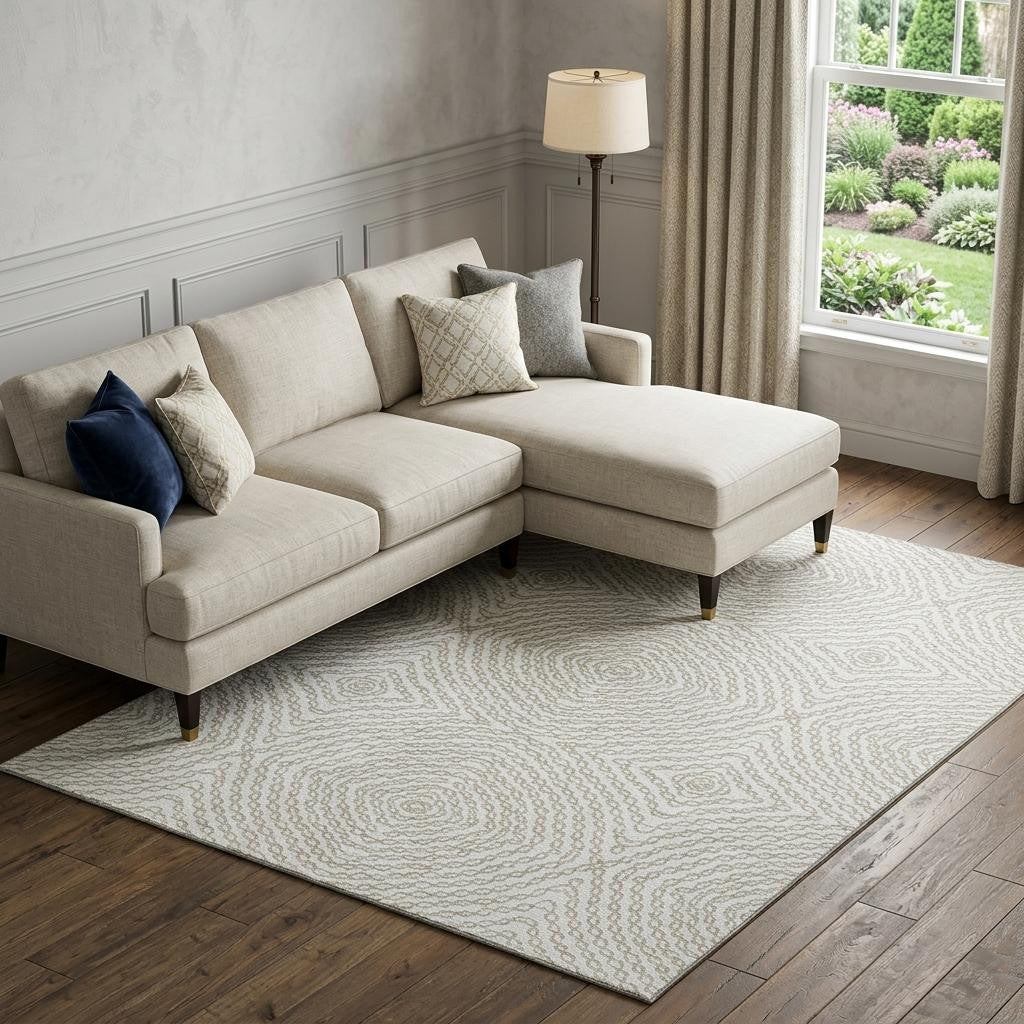 8 X 10 Linen And Ivory Geometric Washable Area Rug With UV Protection
