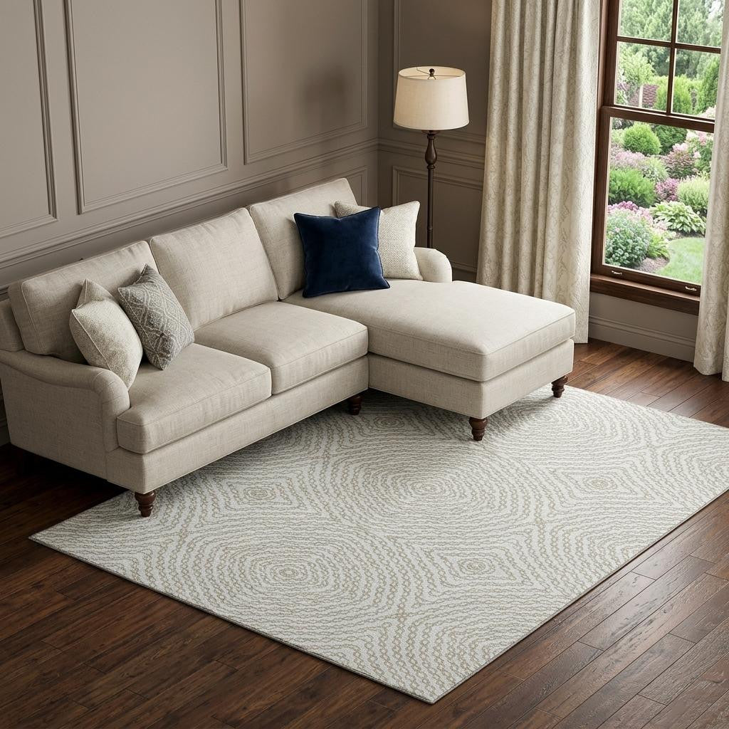 10 X 14 Linen And Ivory Geometric Washable Area Rug With UV Protection