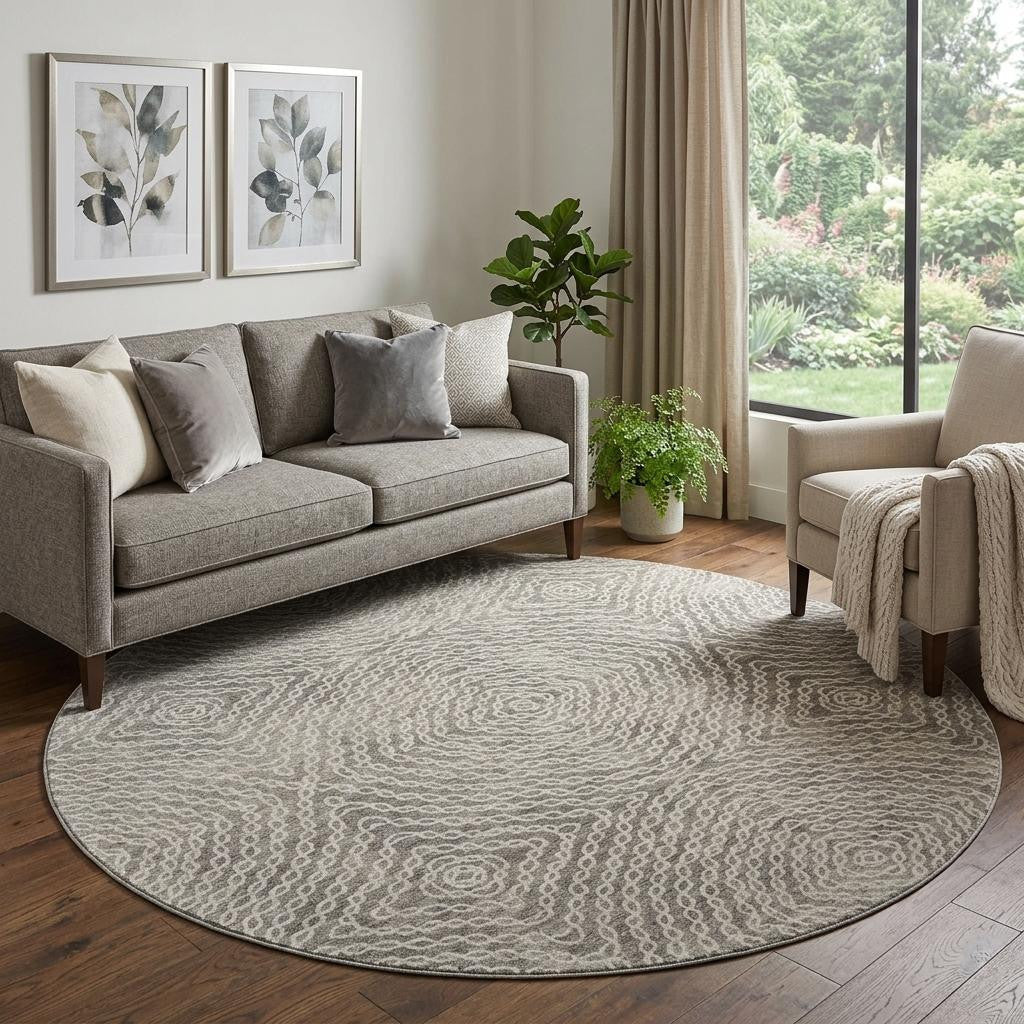 8 Coffee And Beige Geometric Washable Round Rug With UV Protection