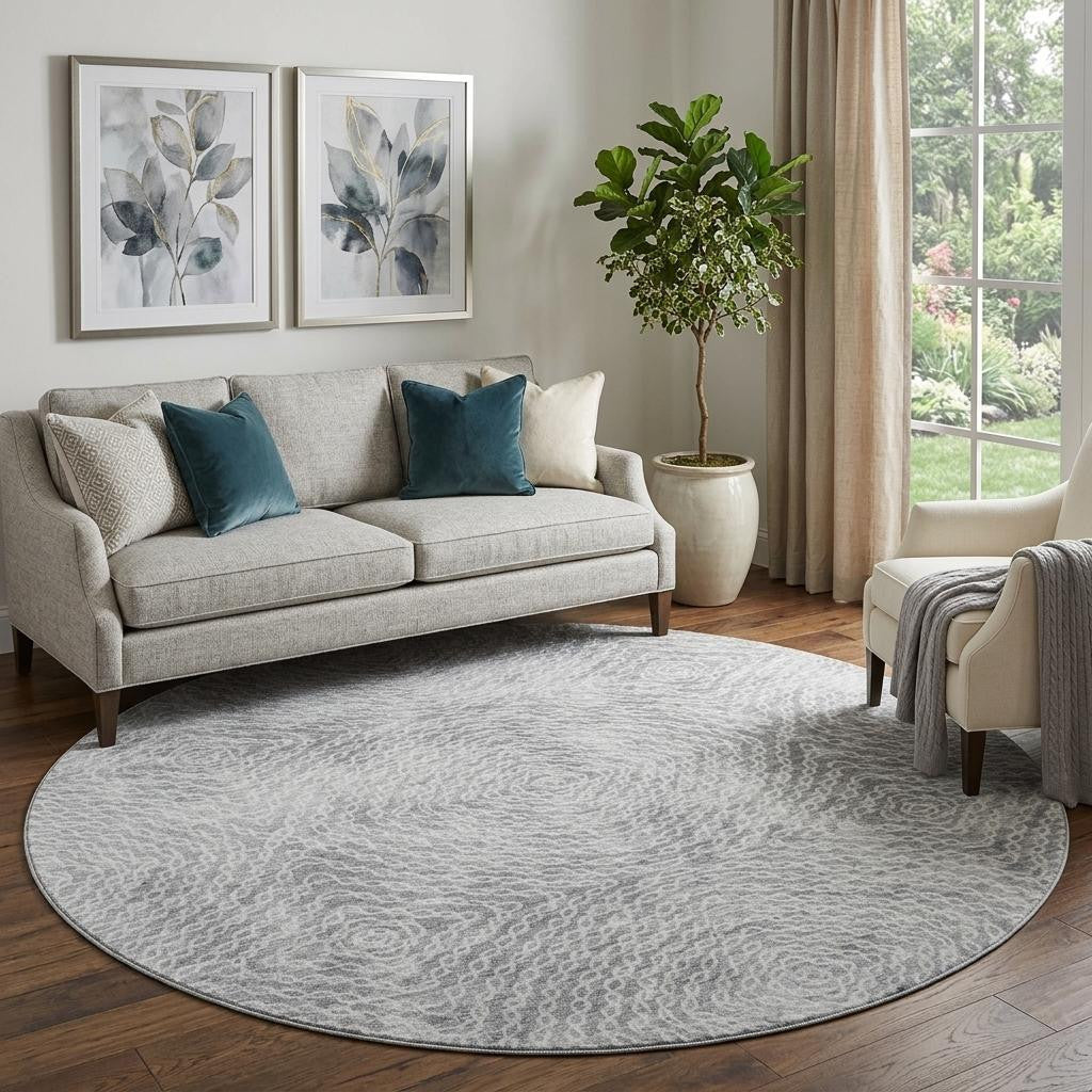 8 Ash Gray And Charcoal Geometric Washable Round Rug With UV Protection