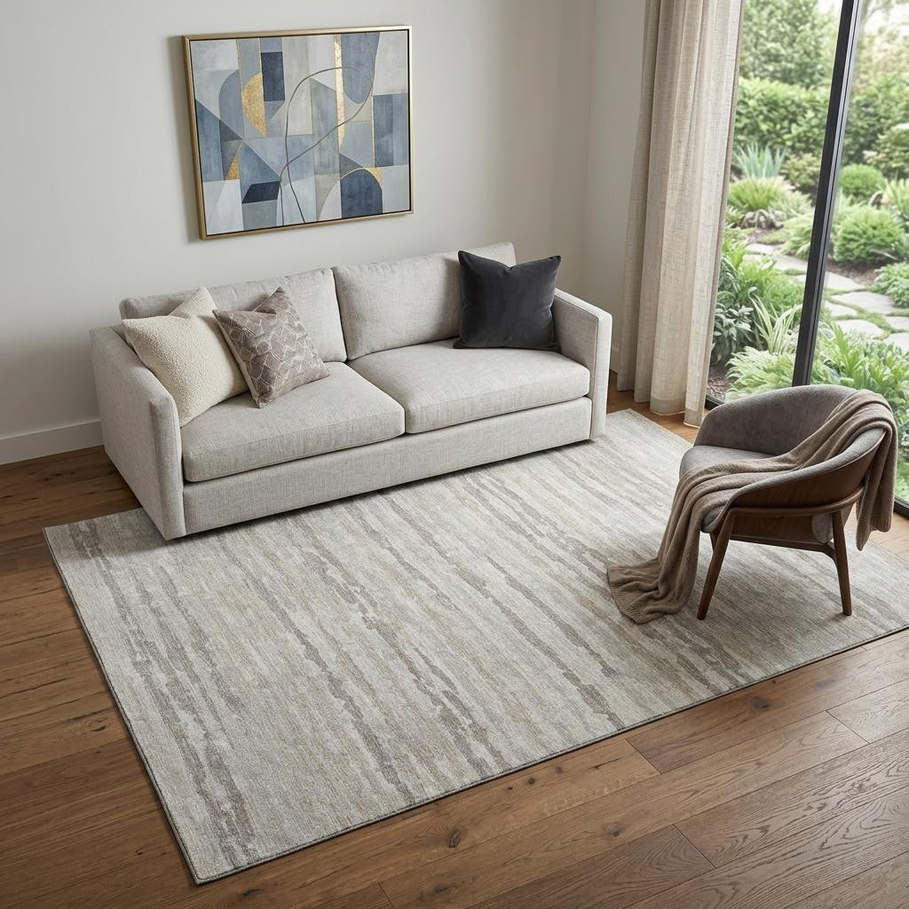 5 X 8 Khaki And Ivory Striped Washable Area Rug With UV Protection