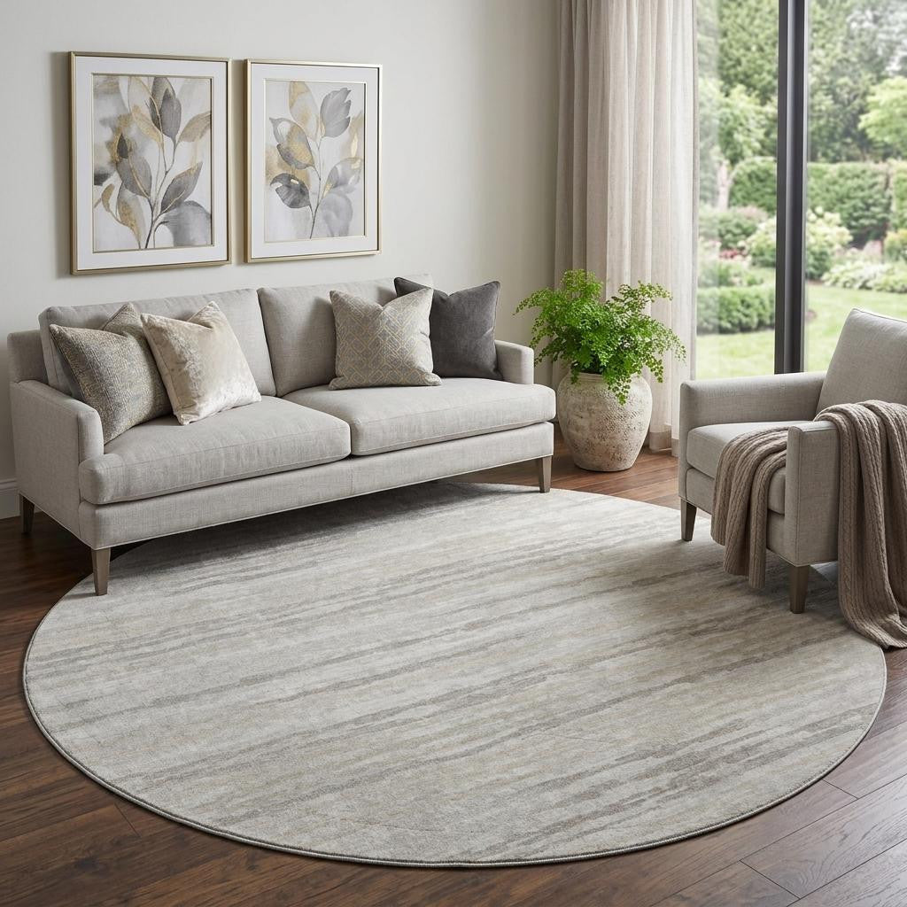 8 Khaki And Ivory Striped Washable Round Rug With UV Protection