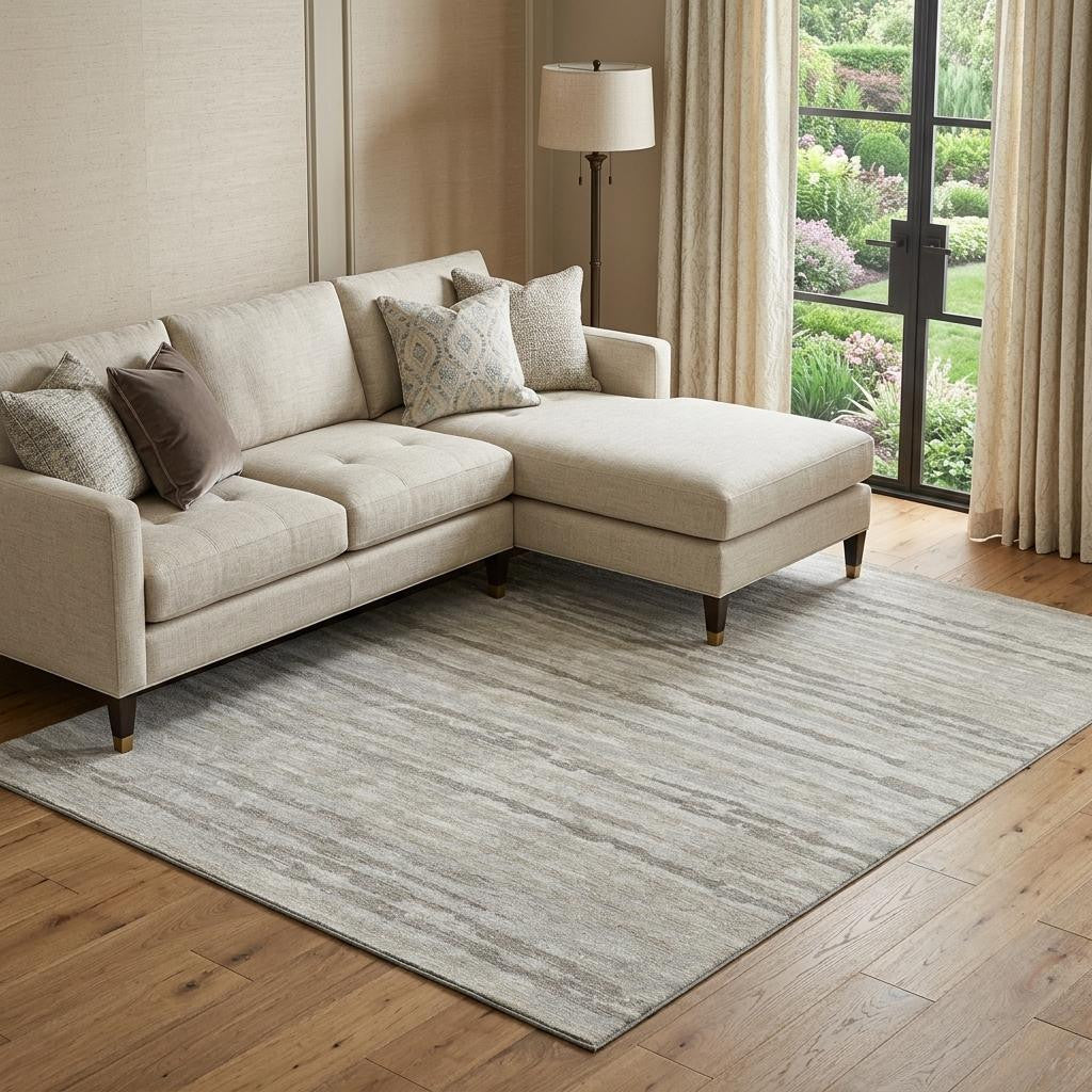 10 X 14 Khaki And Ivory Striped Washable Area Rug With UV Protection