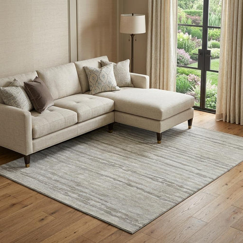 10 X 14 Khaki And Ivory Striped Washable Area Rug With UV Protection