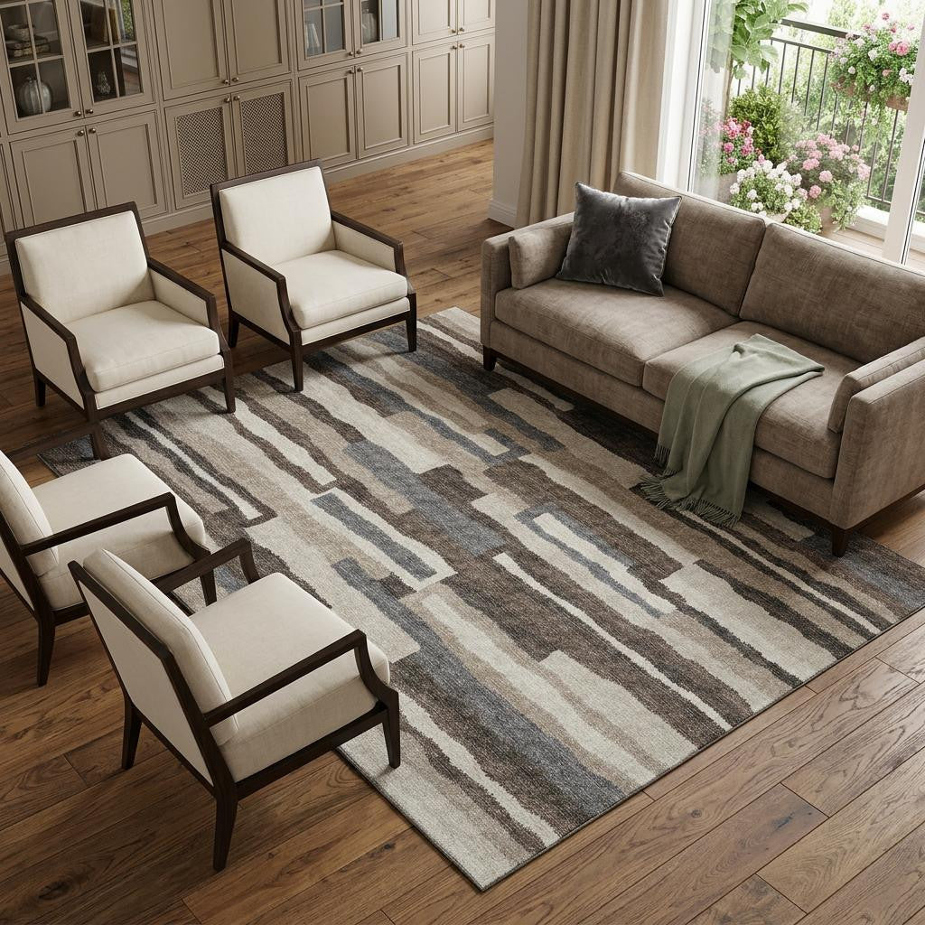 10 X 14 Brown Ivory And Gray Abstract Washable Area Rug With UV Protection