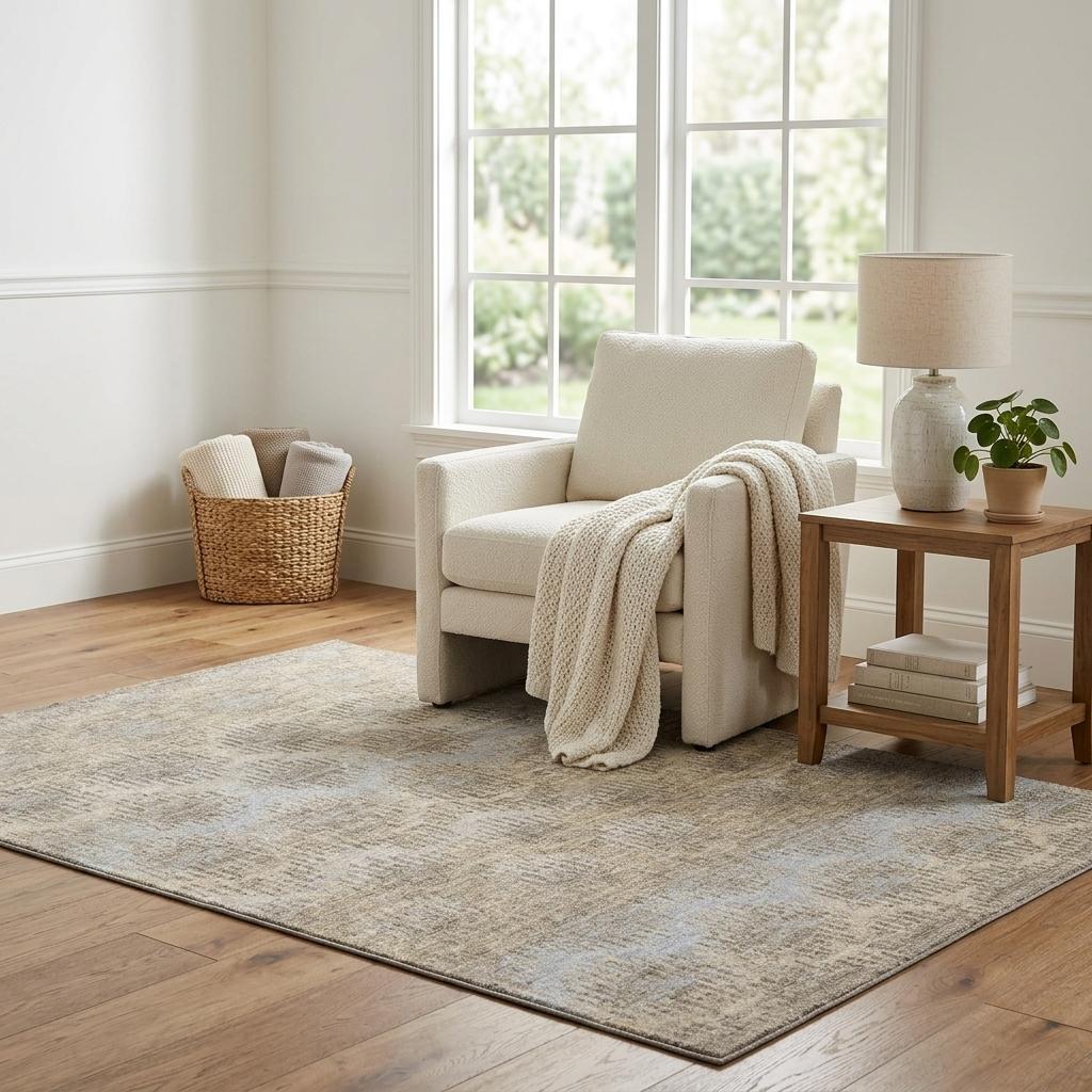 5 X 8 Brown Ivory And Sky Blue Chevron Distressed Washable Area Rug With UV Protection