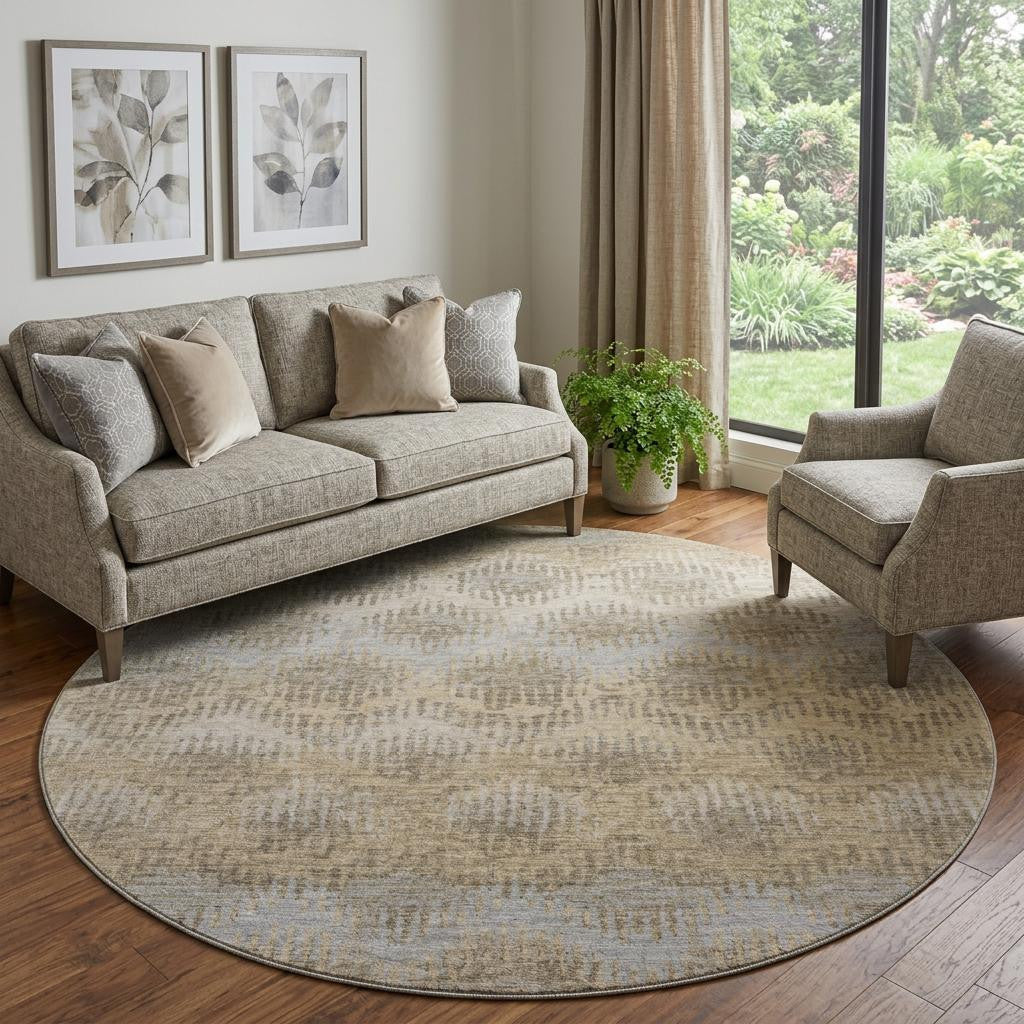 8 Brown Ivory And Sky Blue Chevron Distressed Washable Round Rug With UV Protection