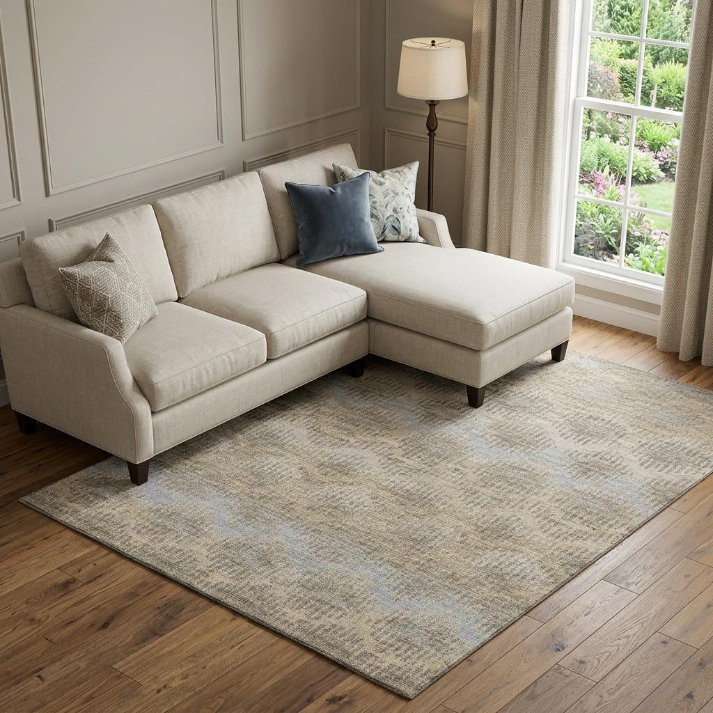 9 X 12 Brown Ivory And Sky Blue Chevron Distressed Washable Area Rug With UV Protection