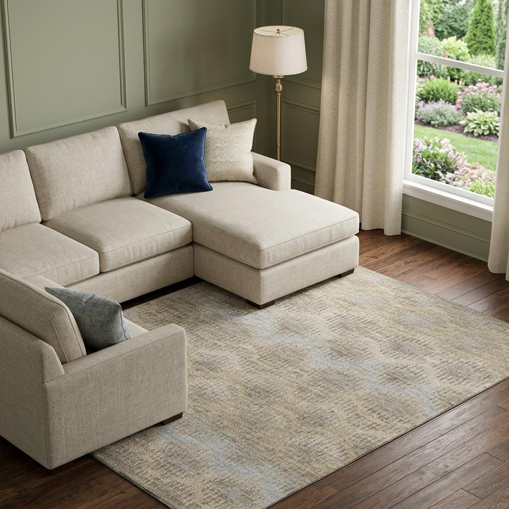 10 X 14 Brown Ivory And Sky Blue Chevron Distressed Washable Area Rug With UV Protection