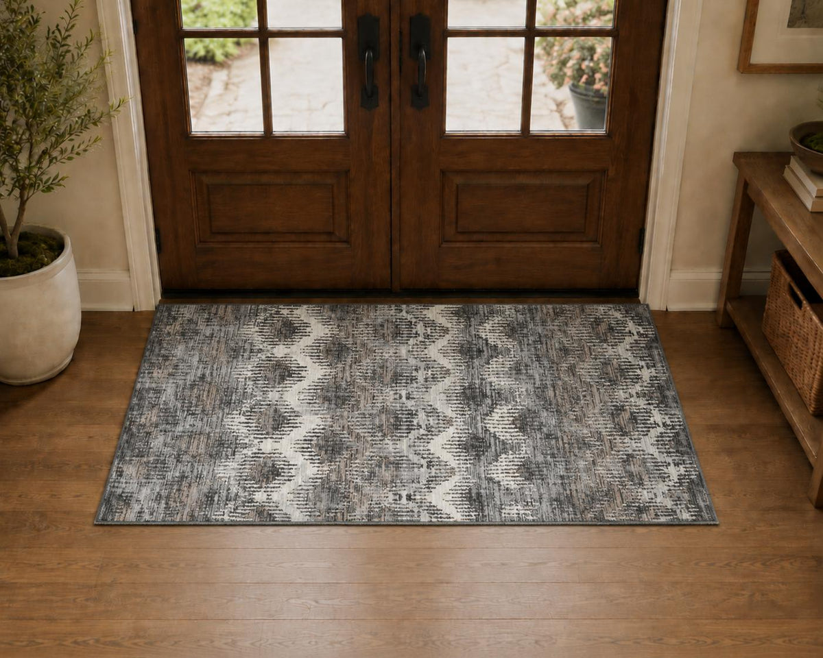 3 X 5 Graphite Ivory And Beige Chevron Distressed Washable Area Rug With UV Protection