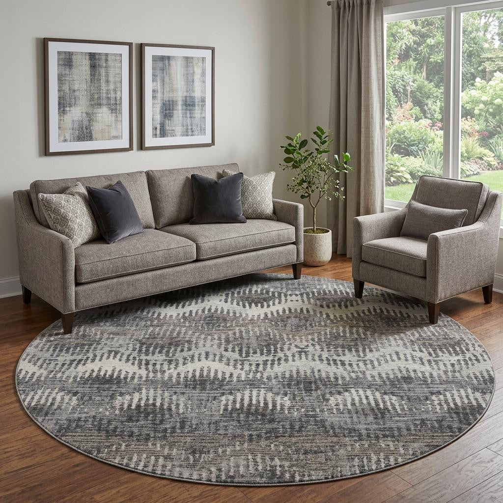 8 Graphite Ivory And Beige Chevron Distressed Washable Round Rug With UV Protection