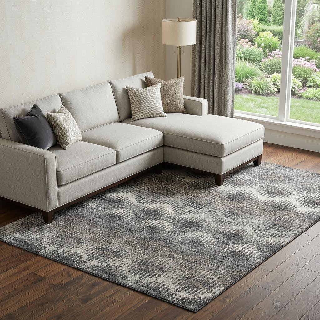 8 X 10 Graphite Ivory And Beige Chevron Distressed Washable Area Rug With UV Protection
