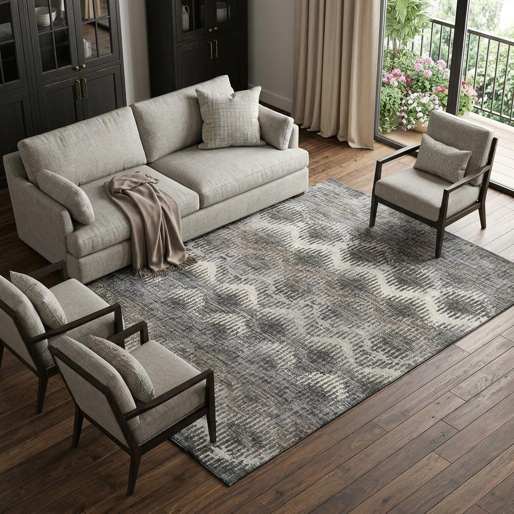 10 X 14 Graphite Ivory And Beige Chevron Distressed Washable Area Rug With UV Protection