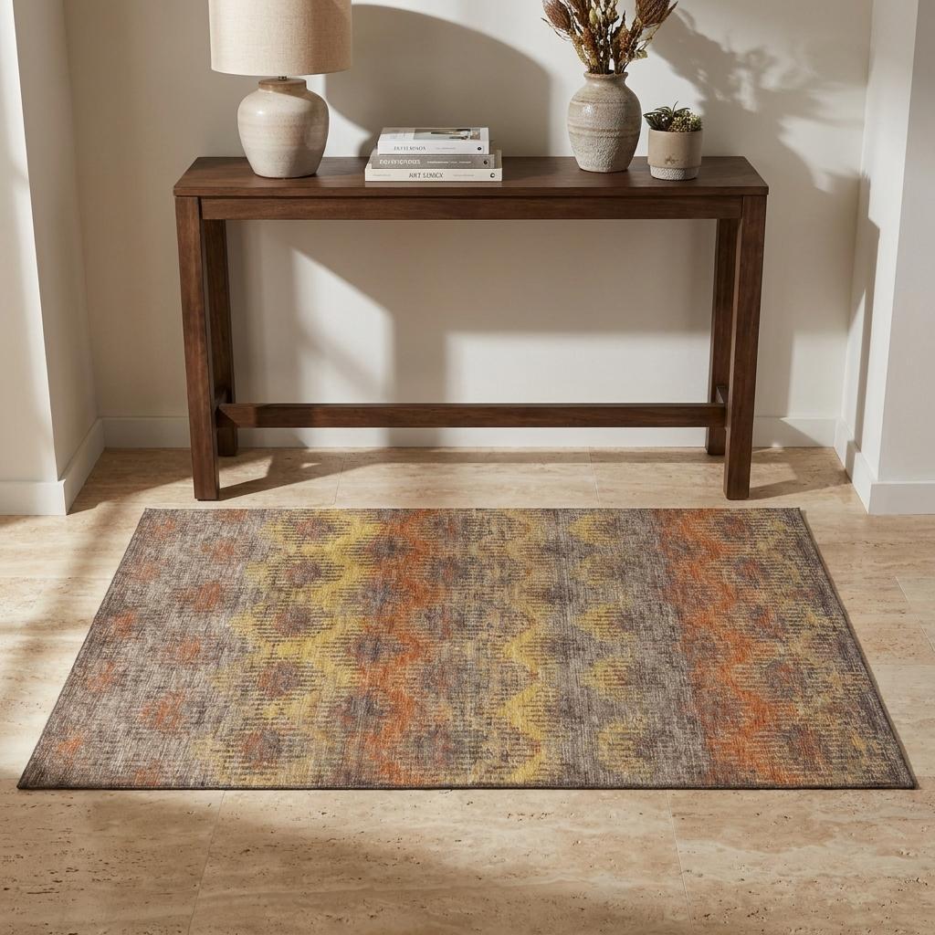 3 X 5 Burnt Sienna Gold And Gray Chevron Distressed Washable Area Rug With UV Protection