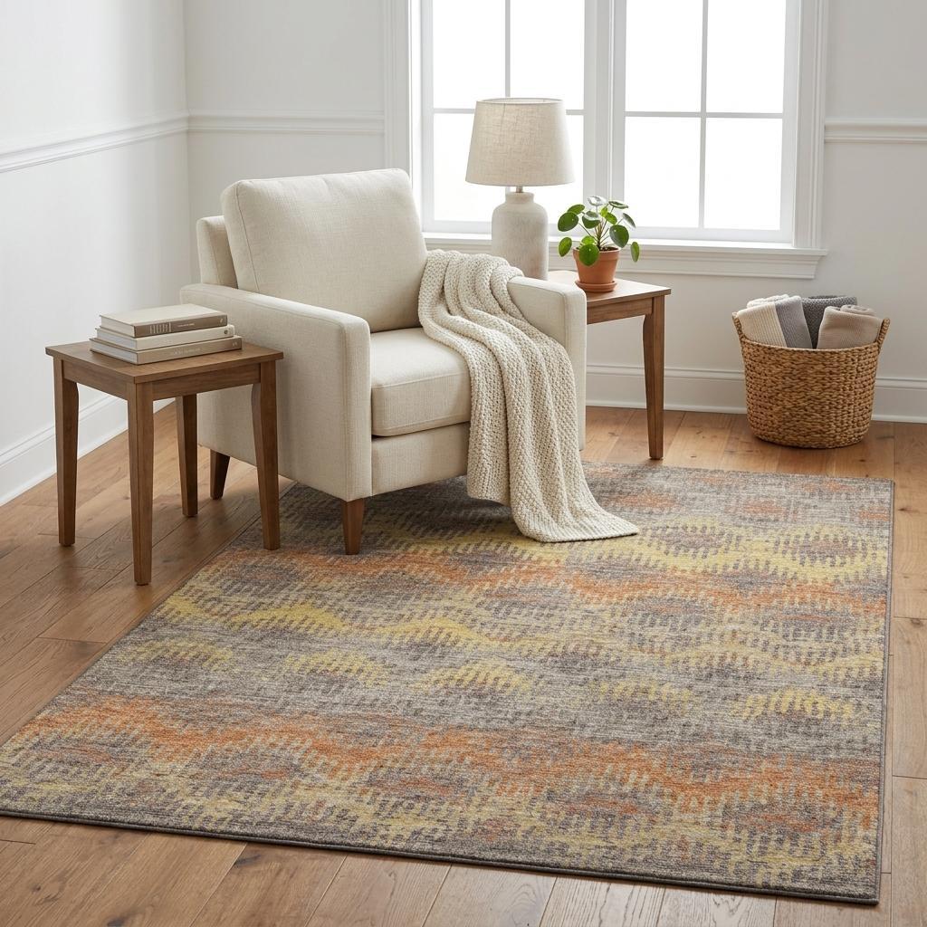5 X 8 Burnt Sienna Gold And Gray Chevron Distressed Washable Area Rug With UV Protection