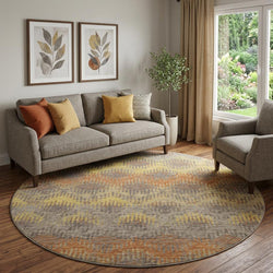 8 Burnt Sienna Gold And Gray Chevron Distressed Washable Round Rug With UV Protection