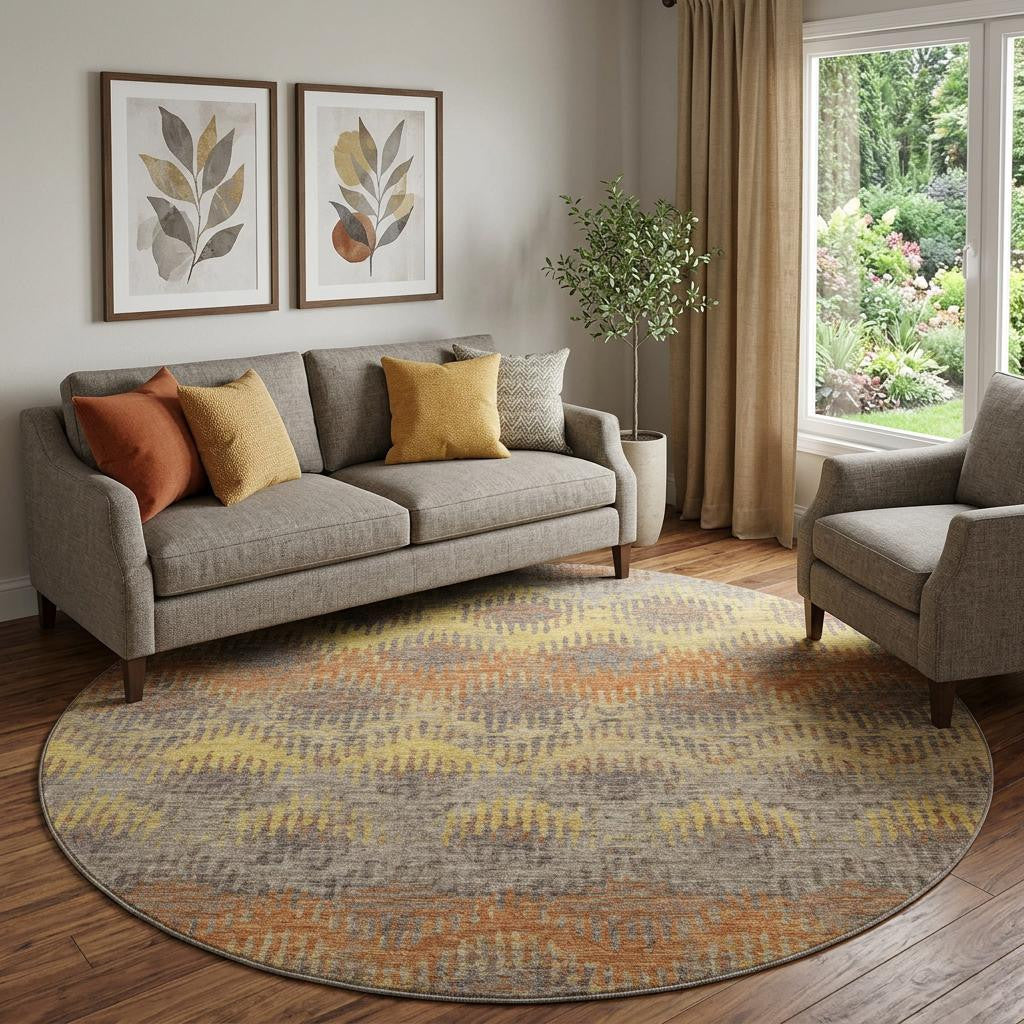 8 Burnt Sienna Gold And Gray Chevron Distressed Washable Round Rug With UV Protection
